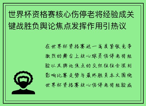 世界杯资格赛核心伤停老将经验成关键战胜负舆论焦点发挥作用引热议